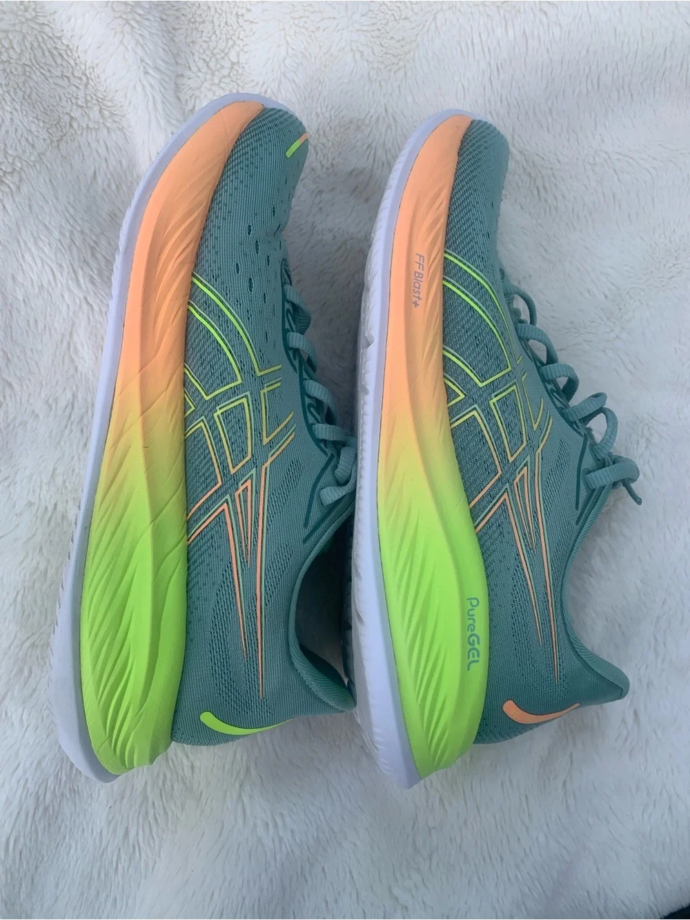 Asics Teal Athletic Shoes with Neon Green and Peach Accents